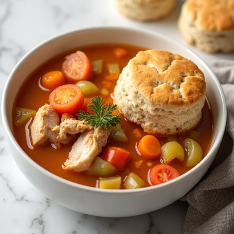 Chicken and Hearty Vegetable Stew with Fluffy Biscuits