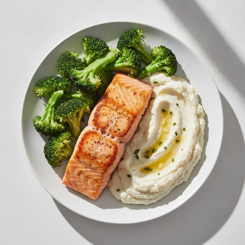 Seared Salmon with Steamed Broccoli and Garlic Cauliflower Mash