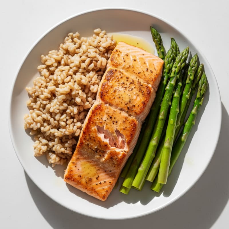 Seared Salmon with Steamed Asparagus and Brown Rice