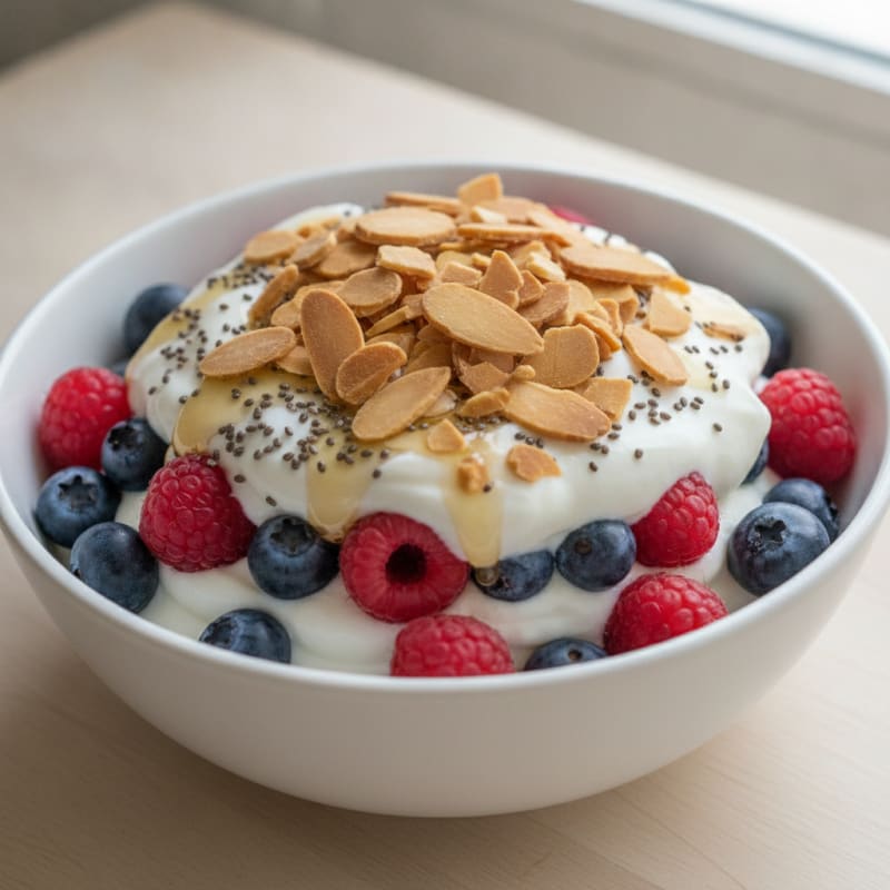 Greek Yogurt Protein Parfait with Mixed Berries and Almonds