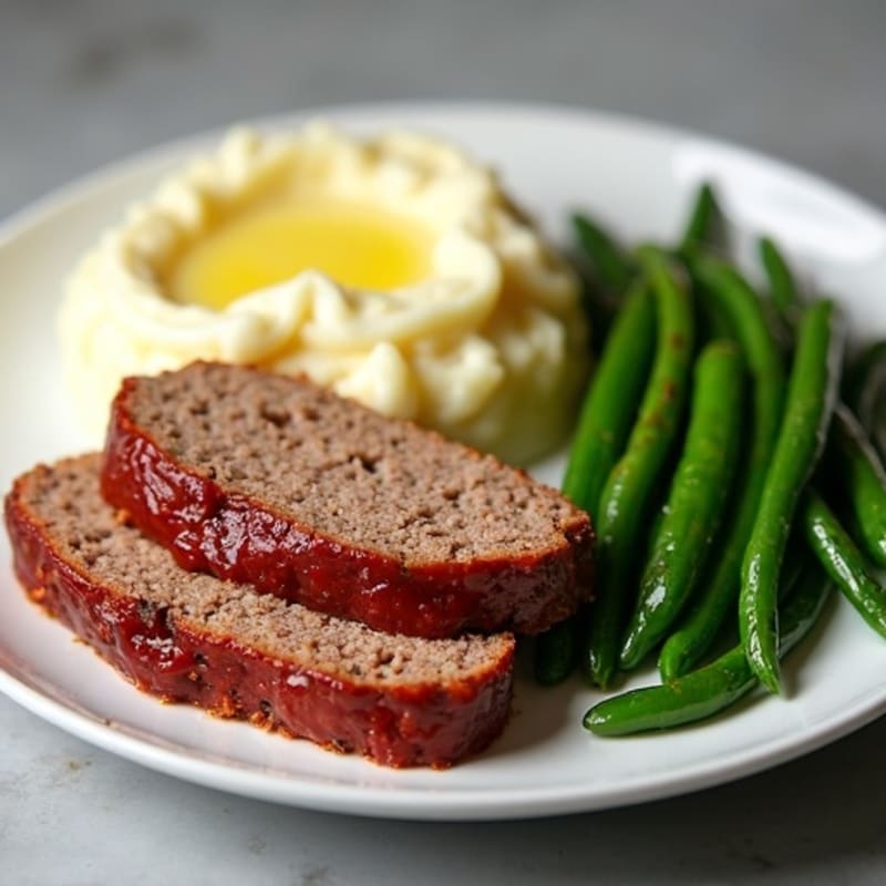 Hearty Lean Beef Meatloaf with Creamy Garlic Mashed Potatoes and Roasted Green Beans