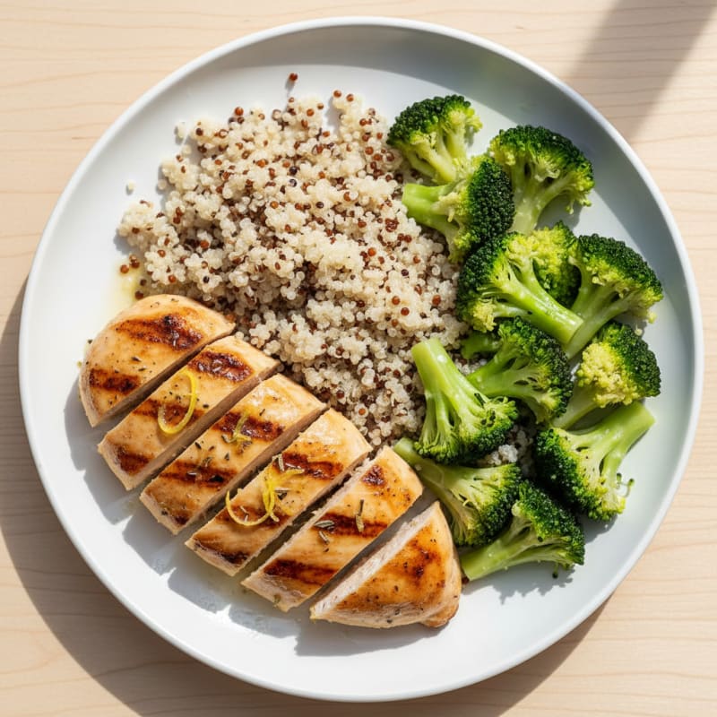 Grilled Chicken Breast with Steamed Broccoli and Quinoa