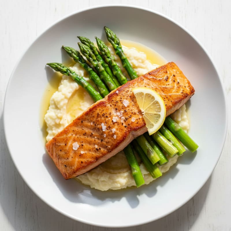 Seared Salmon with Steamed Asparagus and Cauliflower Mash