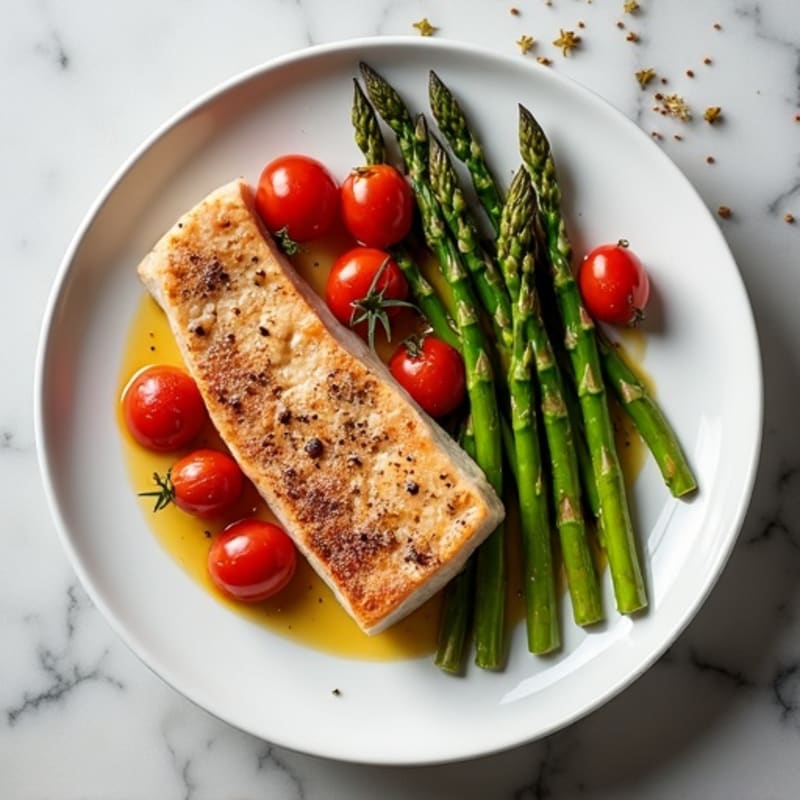 Pan-Seared Tuna Steak with Roasted Asparagus and Cherry Tomatoes