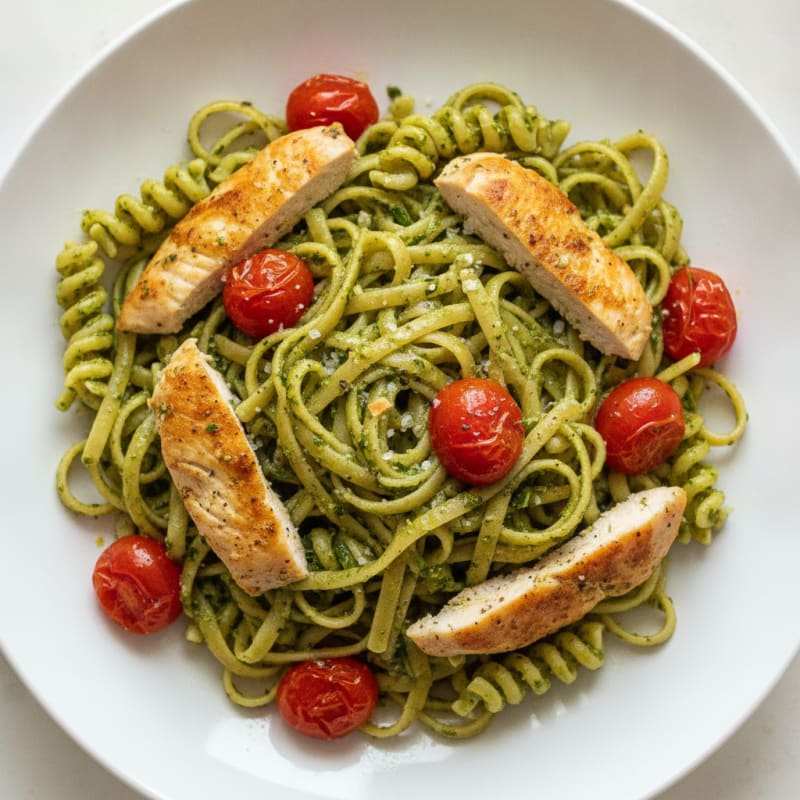 Pesto Chicken Linguine with Blistered Tomatoes