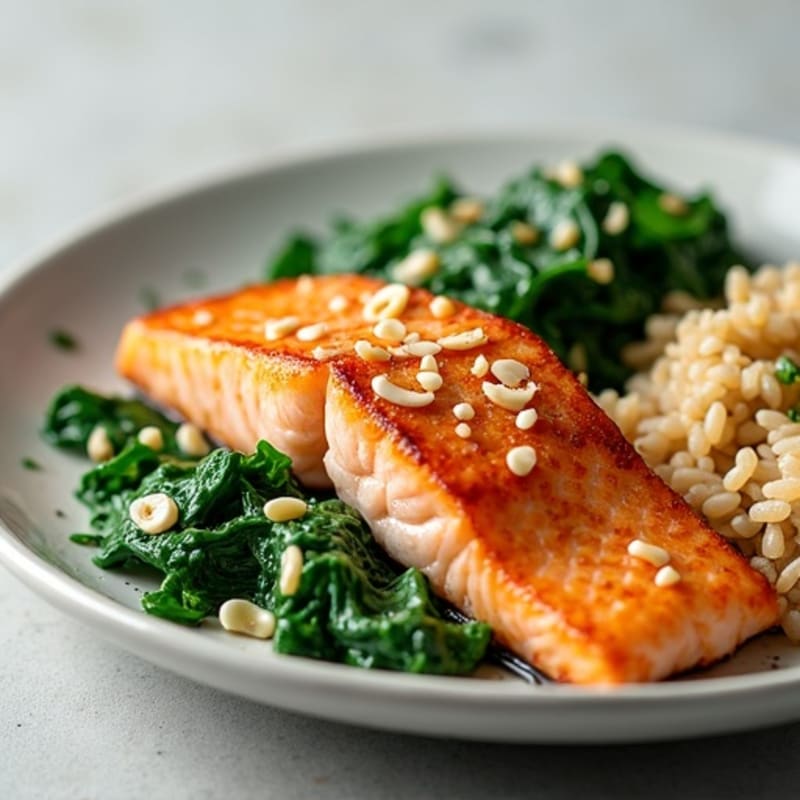 Seared Salmon with Creamy Garlic Spinach and Brown Rice