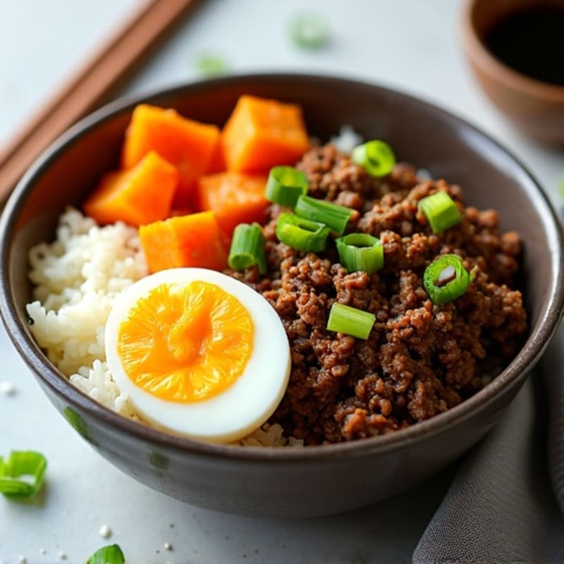 Ginger-Garlic Ground Beef Bowl with Sweet Potato and Jasmine Rice