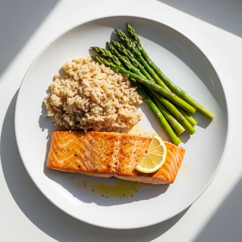 Seared Salmon with Steamed Asparagus and Brown Rice