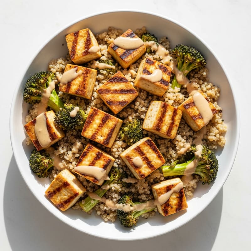 Grilled Tofu and Quinoa Bowl with Roasted Broccoli