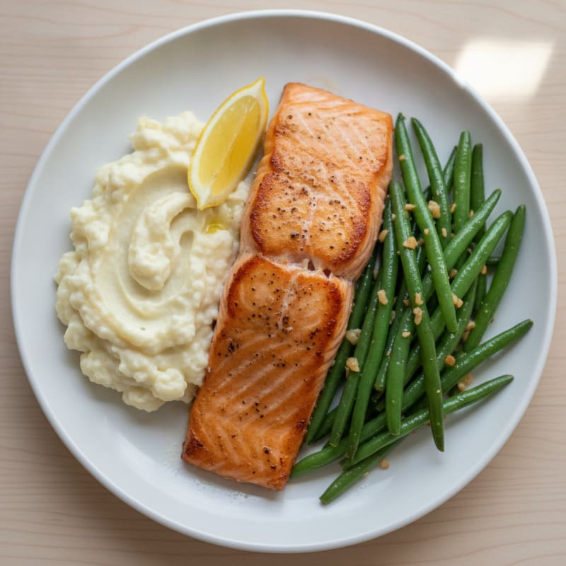 Seared Salmon Fillet with Garlic Green Beans and Mashed Cauliflower