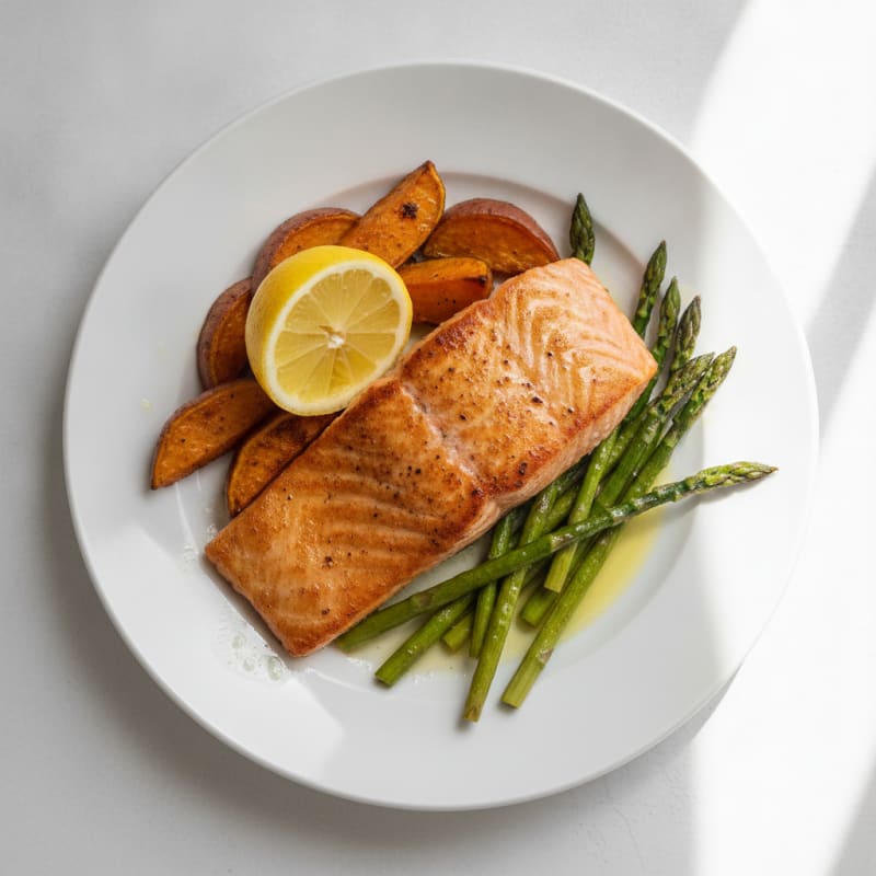Seared Salmon with Roasted Sweet Potato and Asparagus
