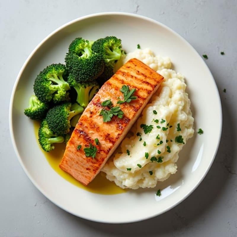 Seared Salmon Fillet with Steamed Broccoli and Garlic Cauliflower Mash