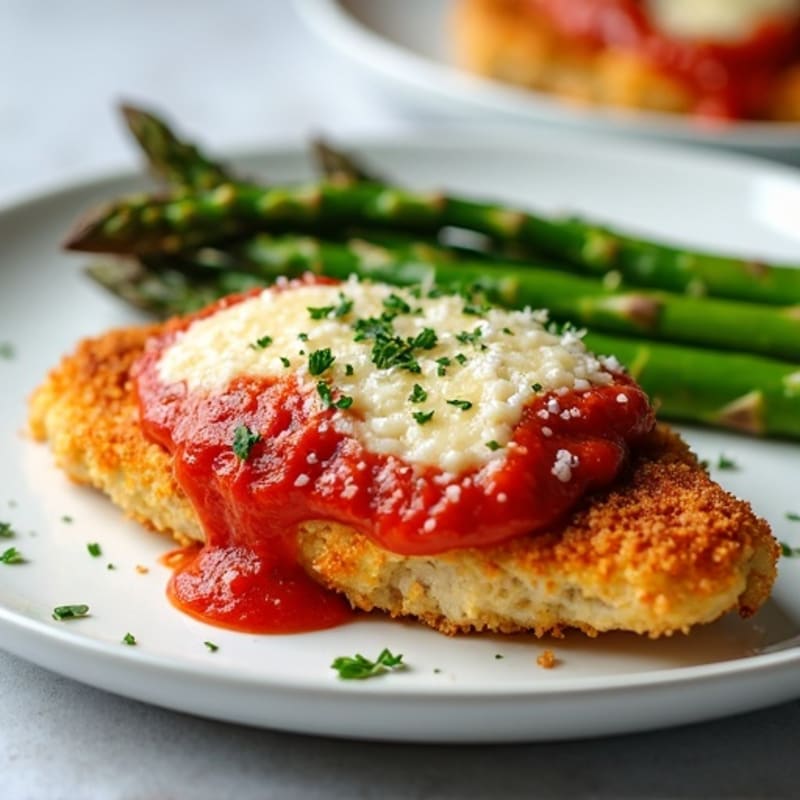 Healthy Crispy Chicken Parmesan with Roasted Asparagus