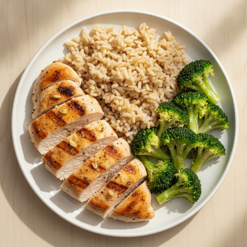 Grilled Chicken Breast with Steamed Broccoli and Brown Rice