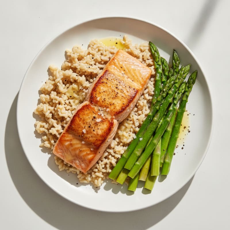Seared Salmon with Steamed Asparagus and Brown Rice