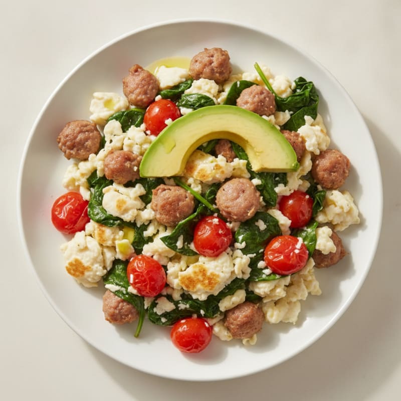 Egg White and Turkey Sausage Scramble with Spinach and Tomatoes