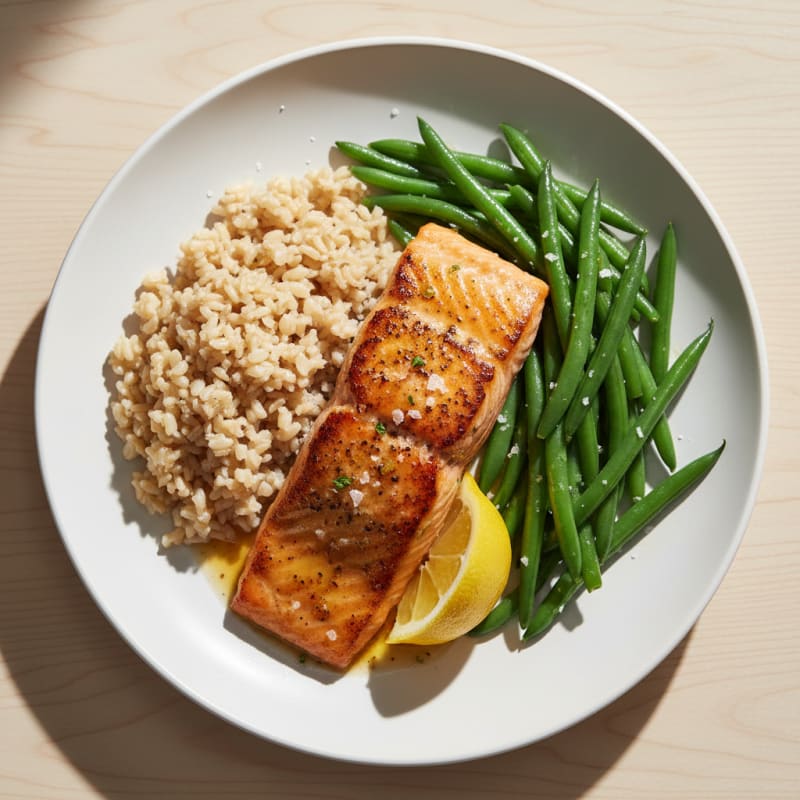 Seared Salmon Fillet with Steamed Green Beans and Brown Rice