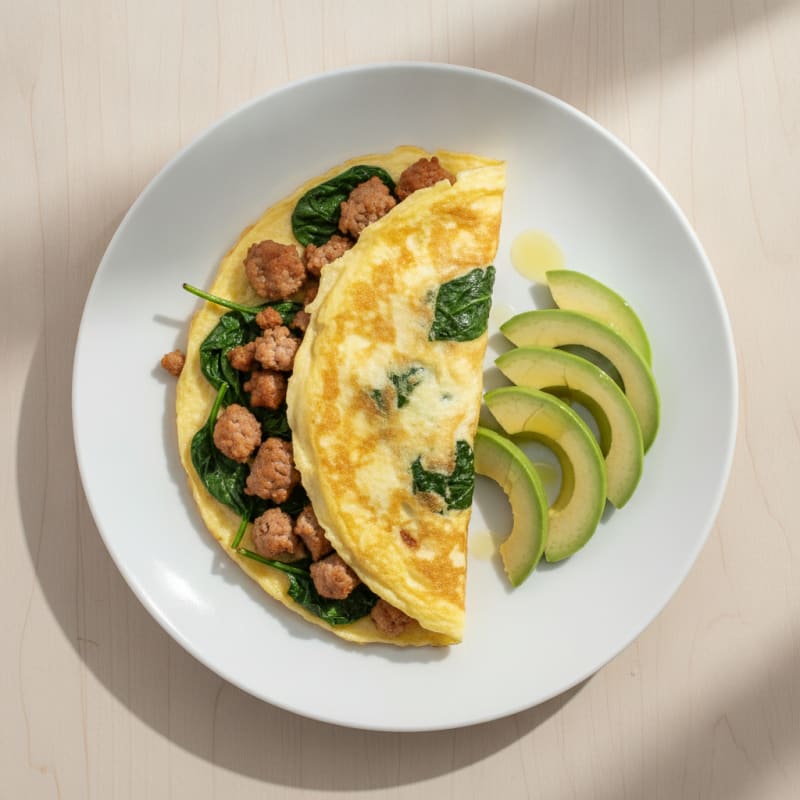 Egg White Omelette with Turkey Sausage and Sautéed Spinach