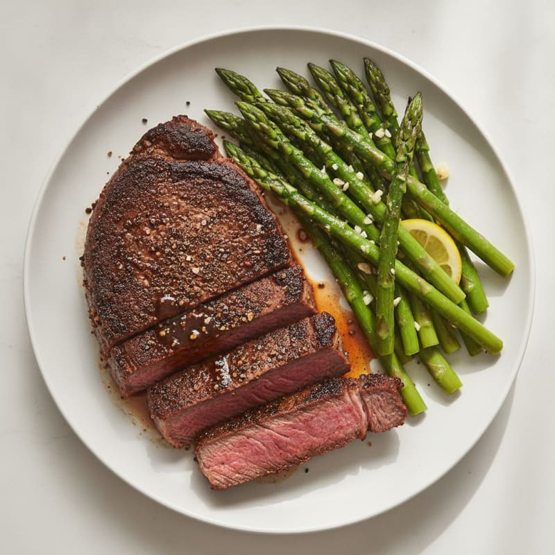 Cocoa-Crusted Steak with Garlic Asparagus