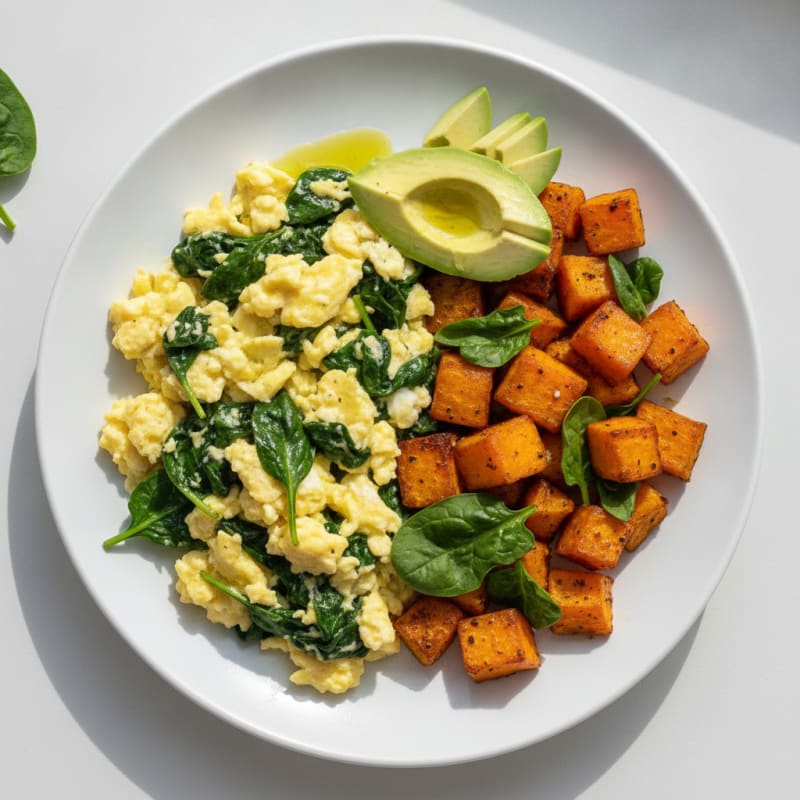 Egg and Spinach Scramble with Roasted Sweet Potato