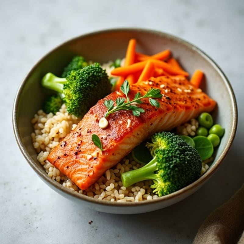 Fresh Salmon Ginger-Soy Rice Bowl with Crispy Vegetables