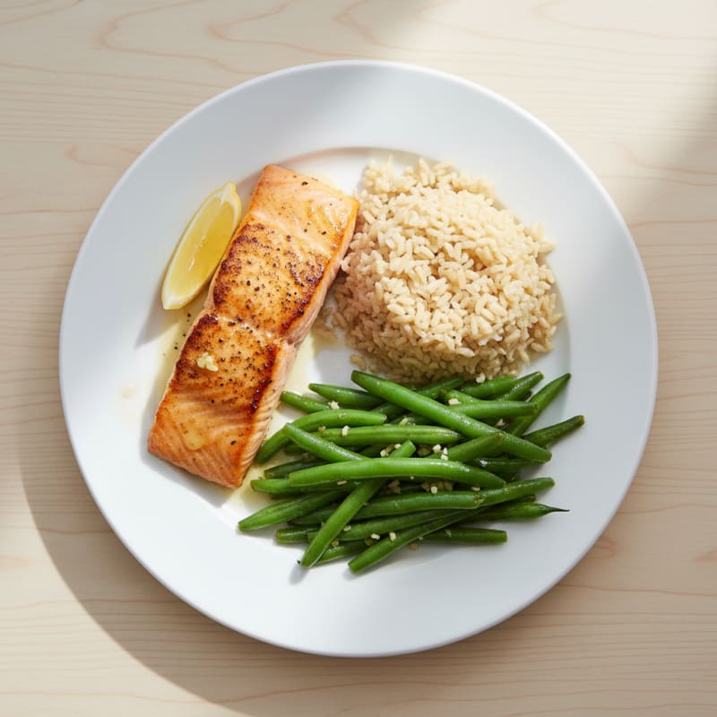 Seared Salmon Fillet with Garlic Green Beans and Brown Rice