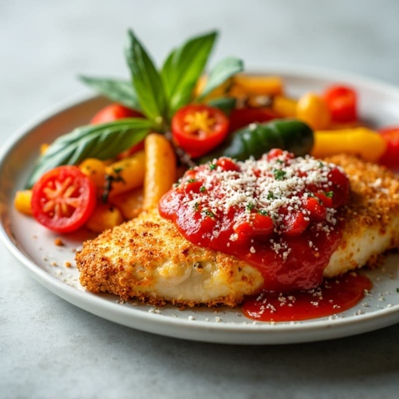 Healthy Crispy Baked Chicken Parmesan with Roasted Vegetables