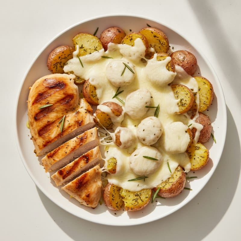 Grilled Chicken Breast with Herb-Crushed Potatoes and Shredded Cheese
