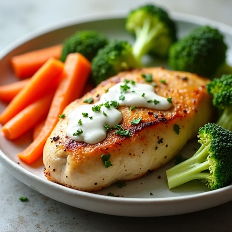 Lemon-Garlic Spiced Roasted Chicken with Fresh Vegetables and Creamy Garlic Sauce