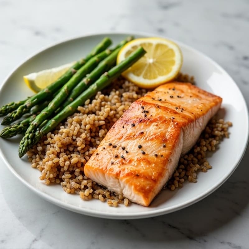 Seared Salmon with Steamed Asparagus and Brown Rice