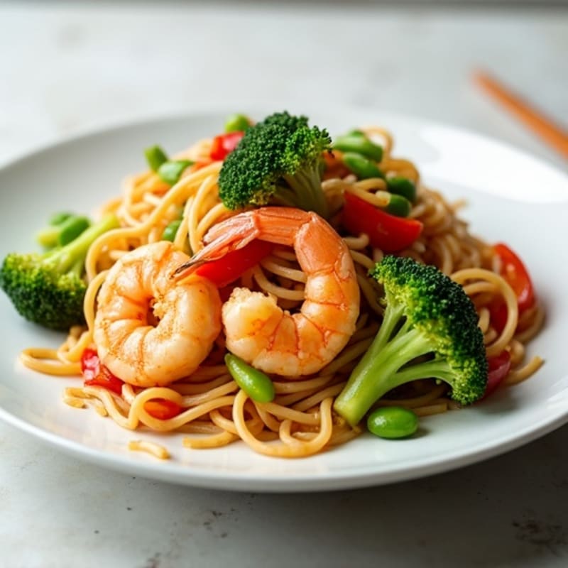 Garlic-Ginger Shrimp Lo Mein with Fresh Vegetables