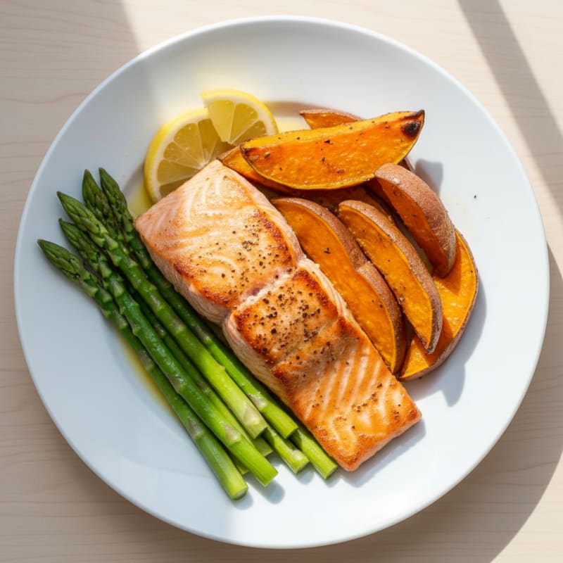 Seared Salmon Fillet with Roasted Sweet Potato and Asparagus