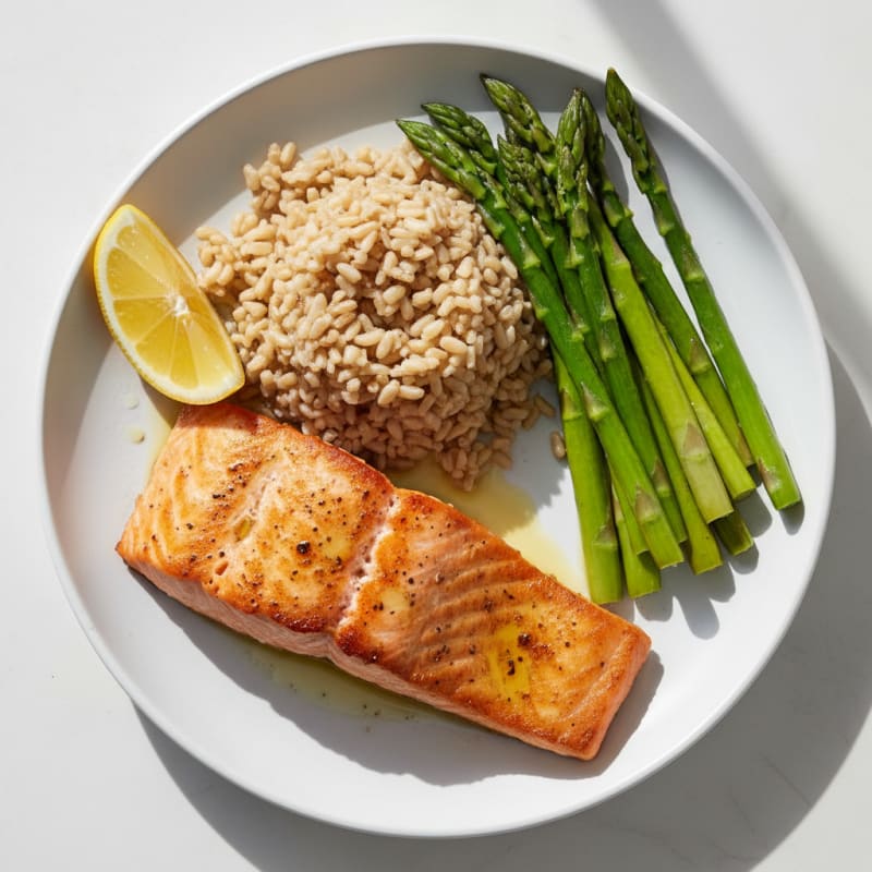 Seared Salmon with Steamed Asparagus and Brown Rice