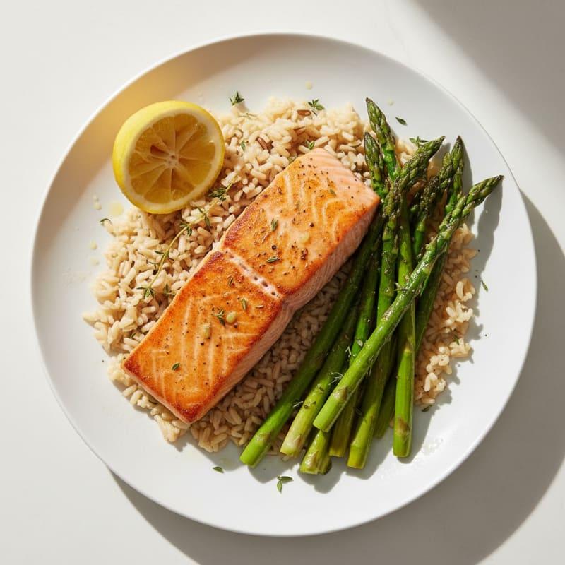 Seared Salmon with Herb-Roasted Asparagus and Brown Rice