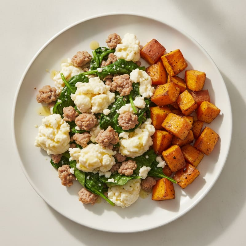Egg White and Turkey Sausage Scramble with Spinach and Roasted Sweet Potato