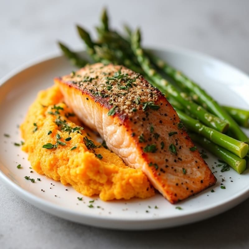 Herb-Crusted Salmon with Mashed Sweet Potato and Roasted Asparagus