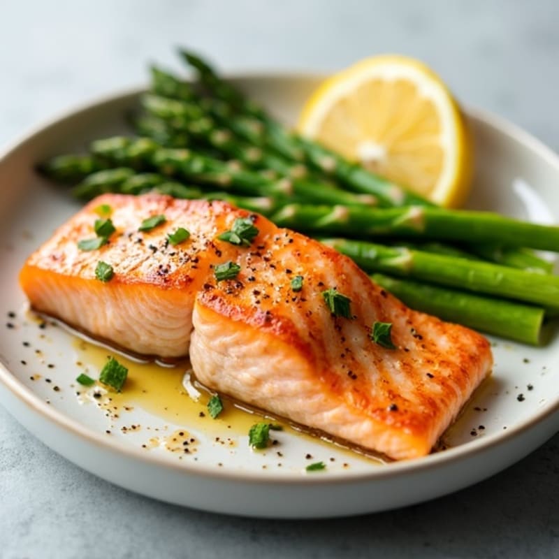 Seared Salmon Fillet with Steamed Asparagus and Lemon