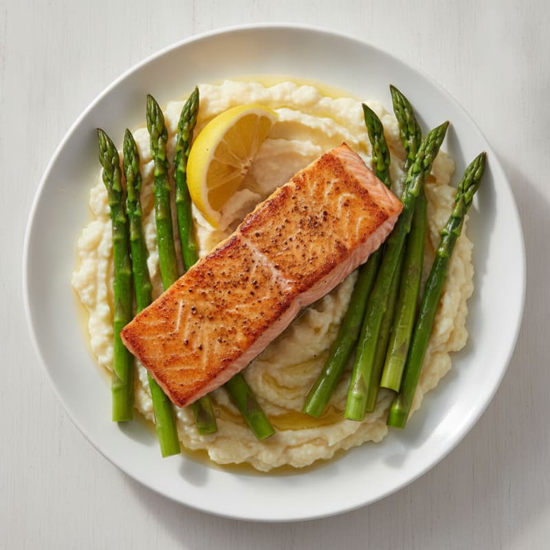 Seared Salmon with Steamed Asparagus and Cauliflower Mash