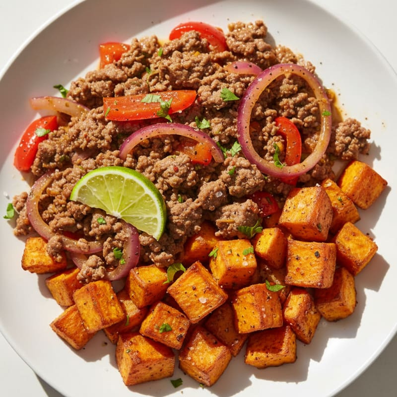 Zesty Ground Beef with Roasted Sweet Potatoes