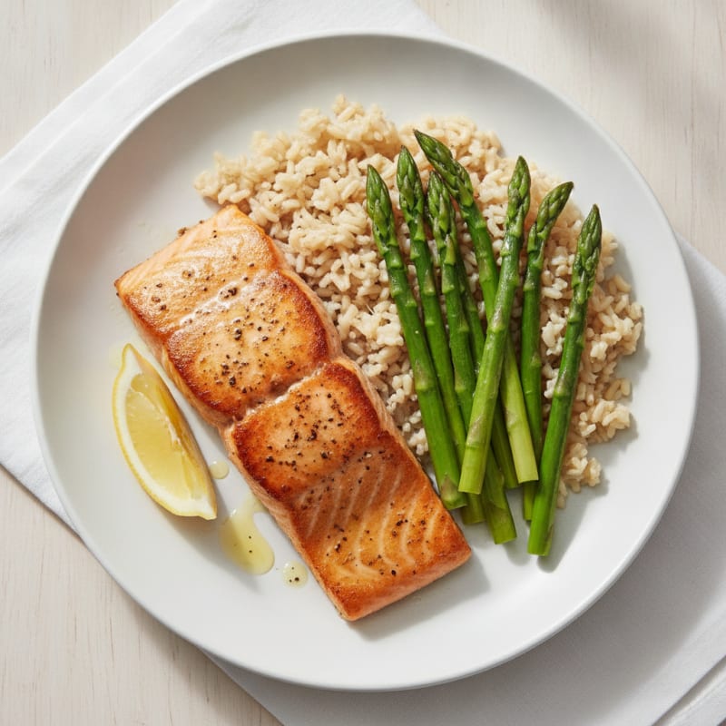 Seared Salmon with Steamed Asparagus and Brown Rice