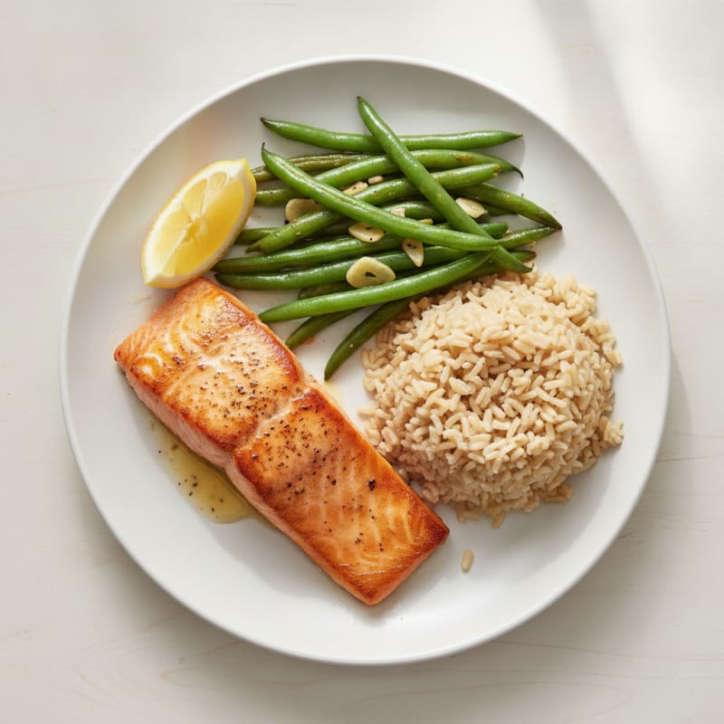Seared Salmon Fillet with Garlic Green Beans and Brown Rice