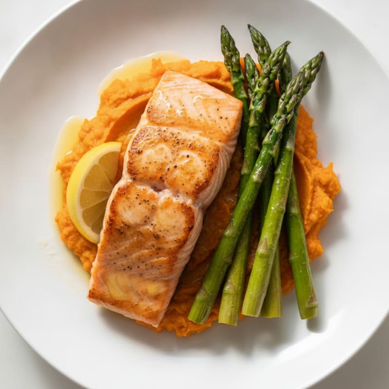 Seared Salmon Fillet with Roasted Asparagus and Sweet Potato Mash