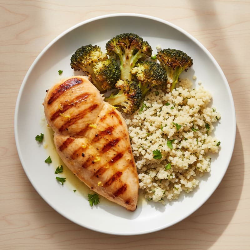 Grilled Chicken Breast with Roasted Broccoli and Quinoa