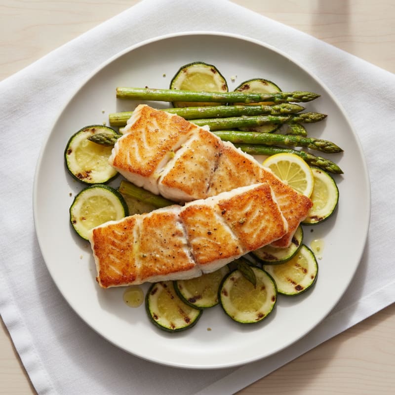 Seared White Fish with Roasted Asparagus and Zucchini