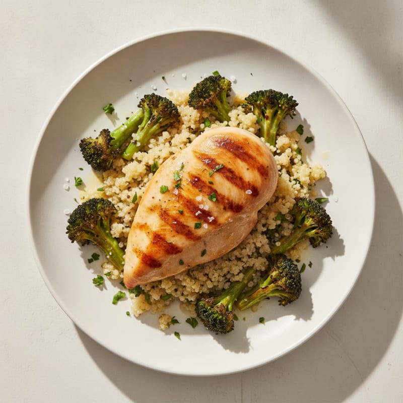 Grilled Chicken Breast over Quinoa Salad with Roasted Broccoli