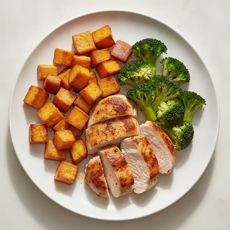 Seared Chicken Breast with Roasted Sweet Potatoes and Steamed Broccoli