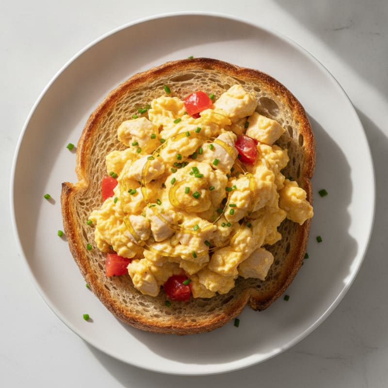Scrambled Eggs with Chicken and Toasted Sourdough