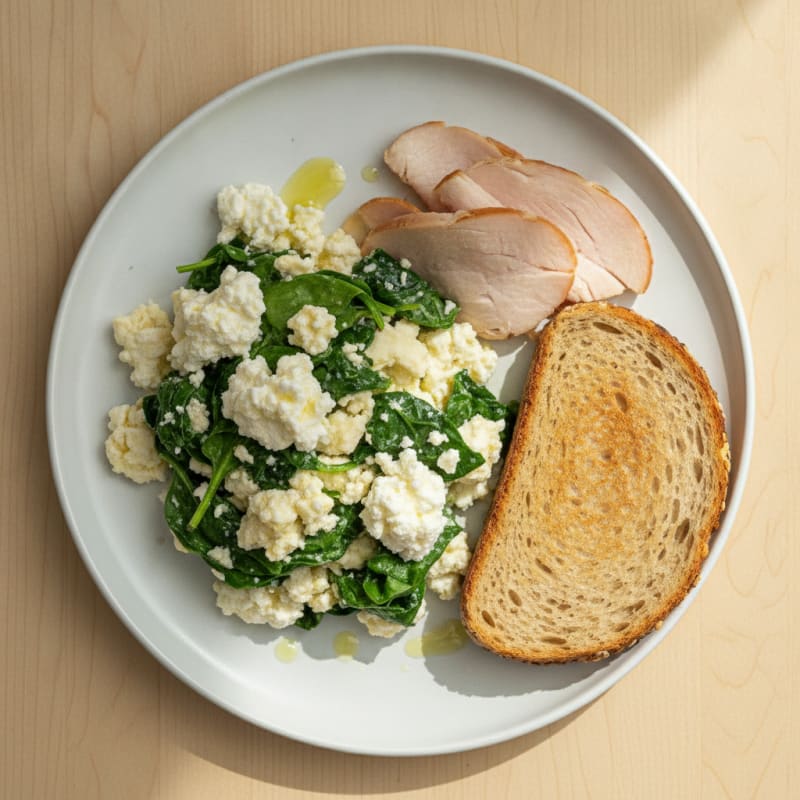 Egg White Spinach Scramble with Cottage Cheese and Sliced Turkey