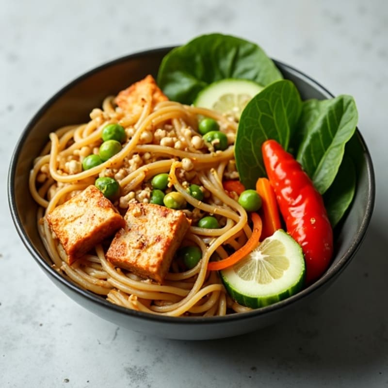 Creamy Vegan Thai Peanut Noodles with Crispy Tofu and Fresh Greens