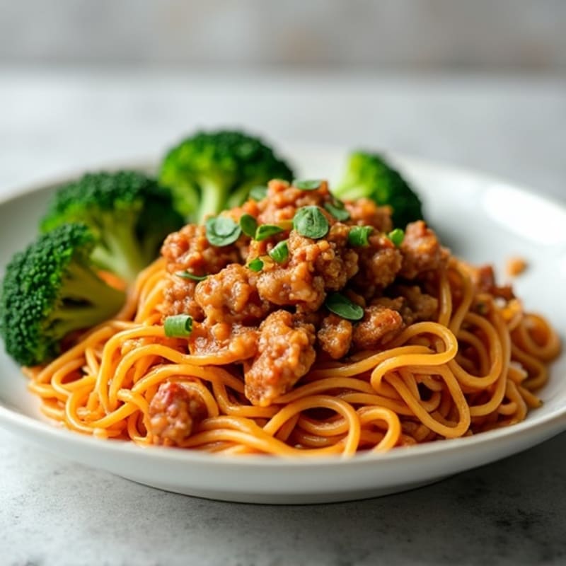 Lean Ground Pork with Spicy Chili Peanut Noodles and Steamed Greens